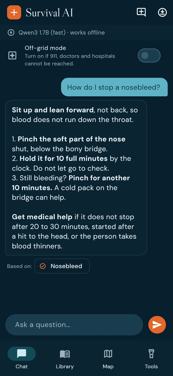 Survival AI v35 AI chat screen in dark mode